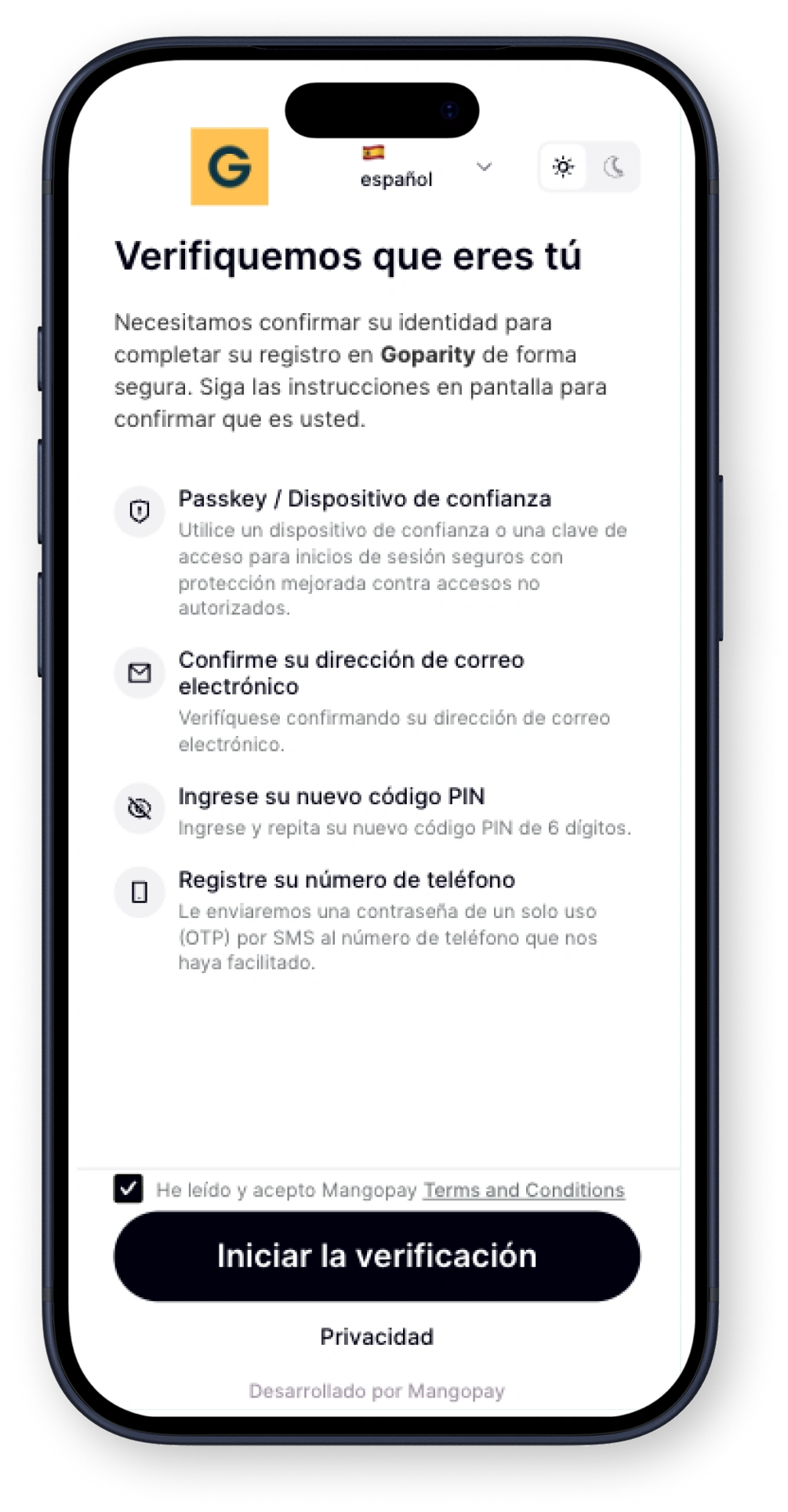 Mobile sign-up screen for Goparity with email input, CAPTCHA, terms acceptance, and register button.