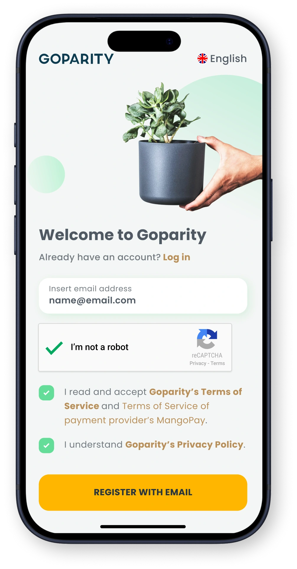 Mobile sign-up screen for Goparity with email input, CAPTCHA, terms acceptance, and register button.