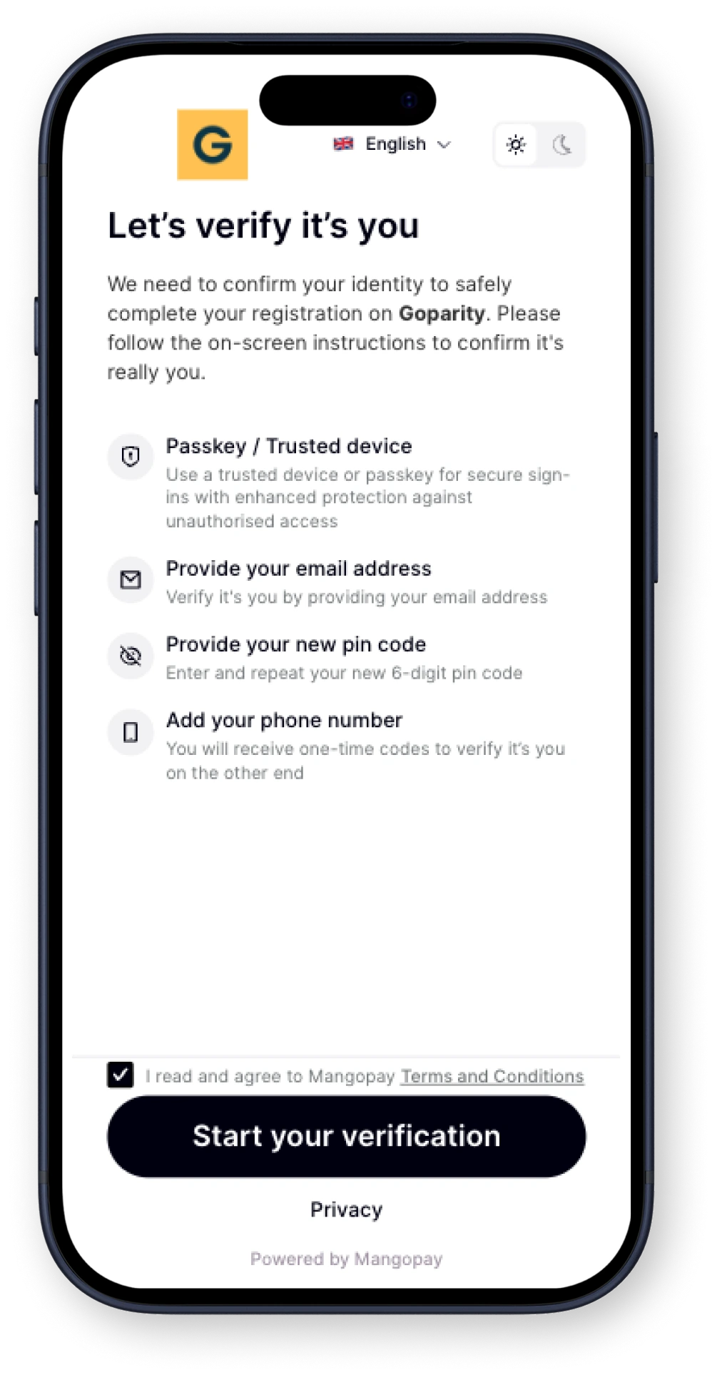 Mobile sign-up screen for Goparity with email input, CAPTCHA, terms acceptance, and register button.