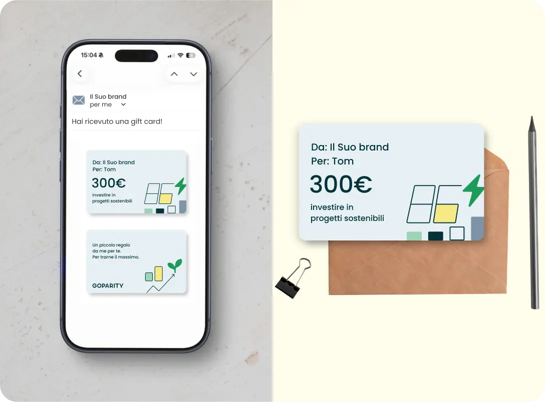 Telefono che mostra un'email con carta regalo da 300€ e una carta da 300€ per progetti sostenibili accanto a una busta e una penna.
