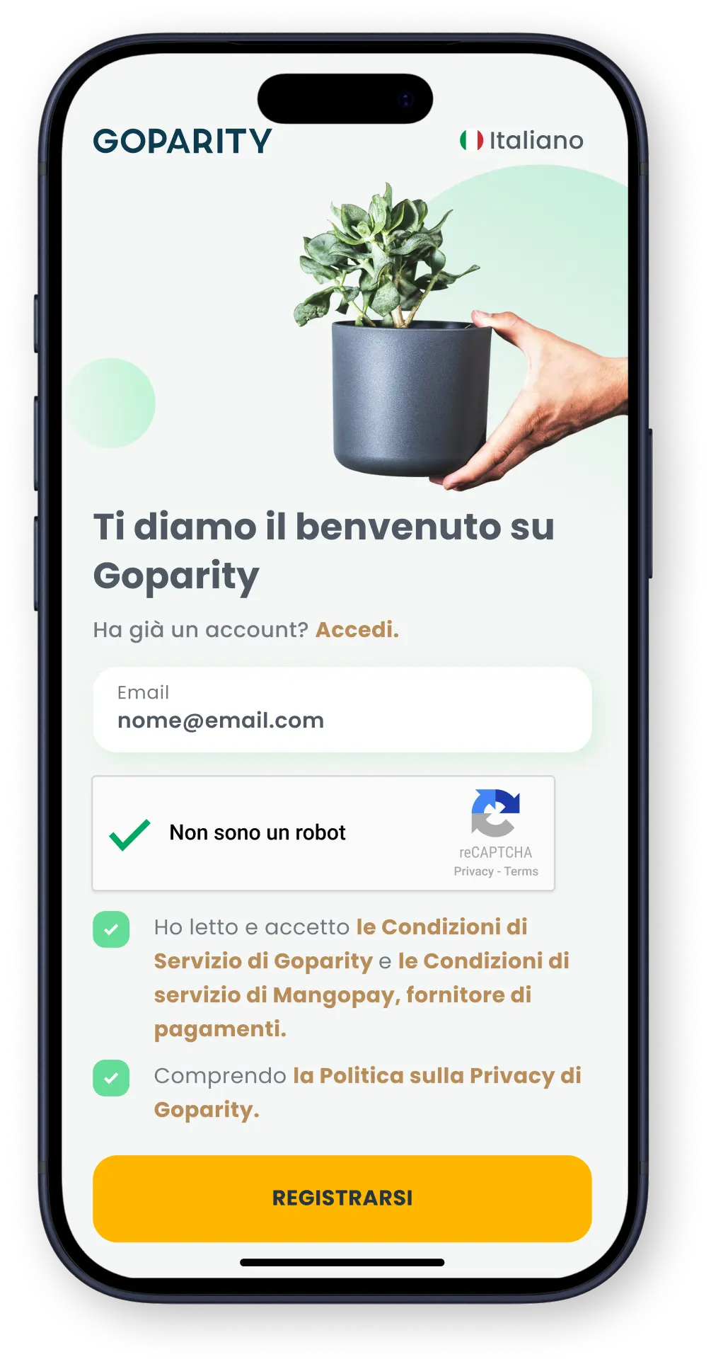 Schermata di registrazione mobile per Goparity con inserimento email, CAPTCHA, accettazione dei termini e pulsante di registrazione.