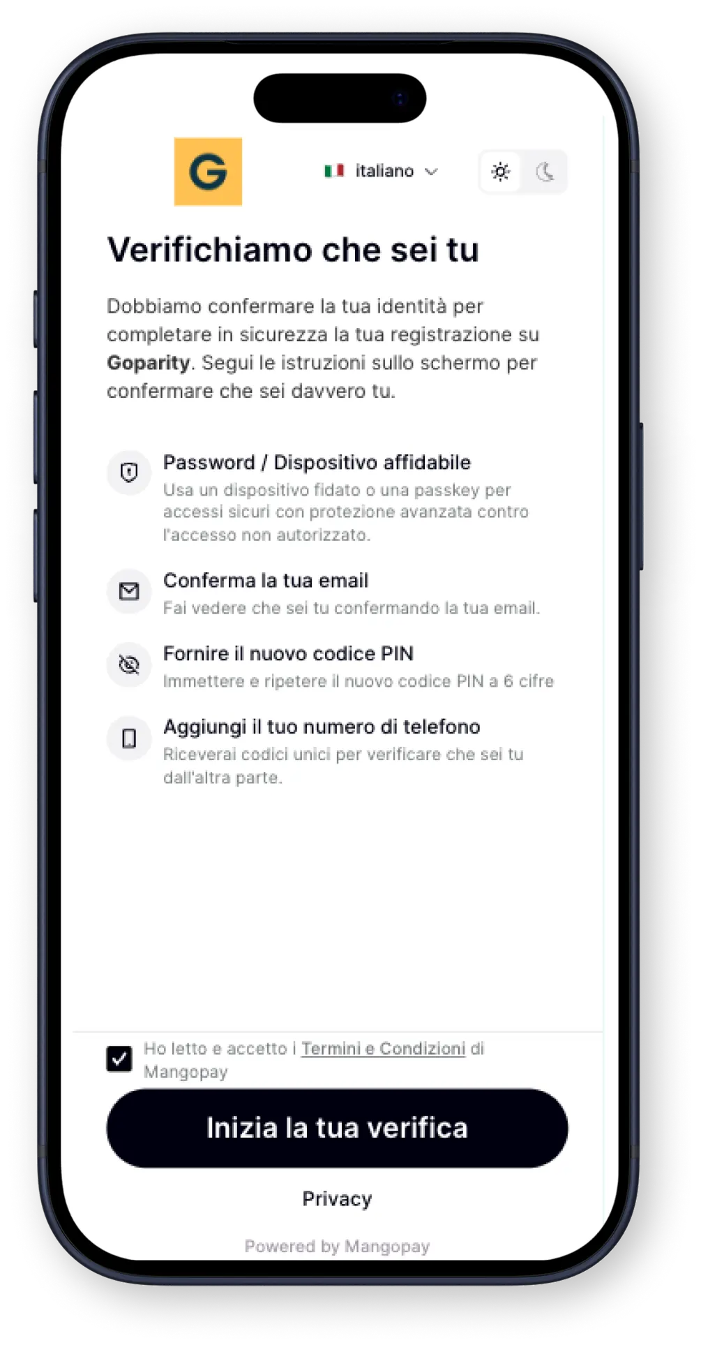 Schermata di registrazione mobile di Goparity con inserimento email, CAPTCHA, accettazione dei termini e pulsante di registrazione.