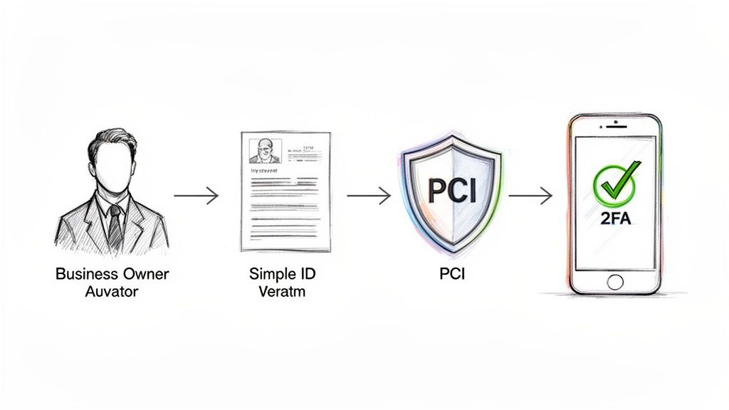 A workflow depicting business owner identity verification, PCI compliance, and 2FA authentication process.