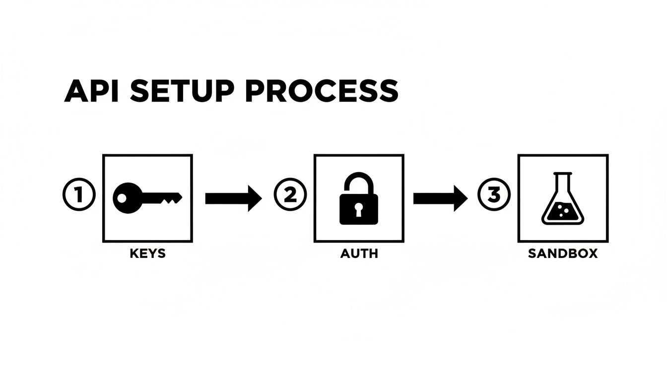 A three-step API setup process diagram showing keys, authentication, and sandbox environments.