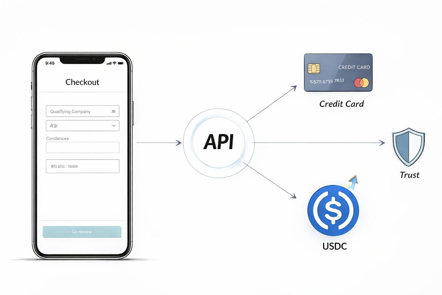 A mobile app checkout screen connects via an API to process payments with a credit card, a trust icon, and a USDC cryptocurrency coin.