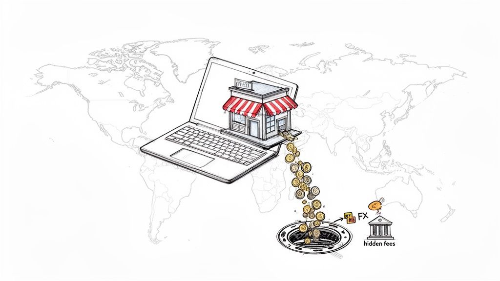 Illustration of an online store on a laptop, money falling into a manhole labeled 'FX' and 'hidden fees' on a world map.