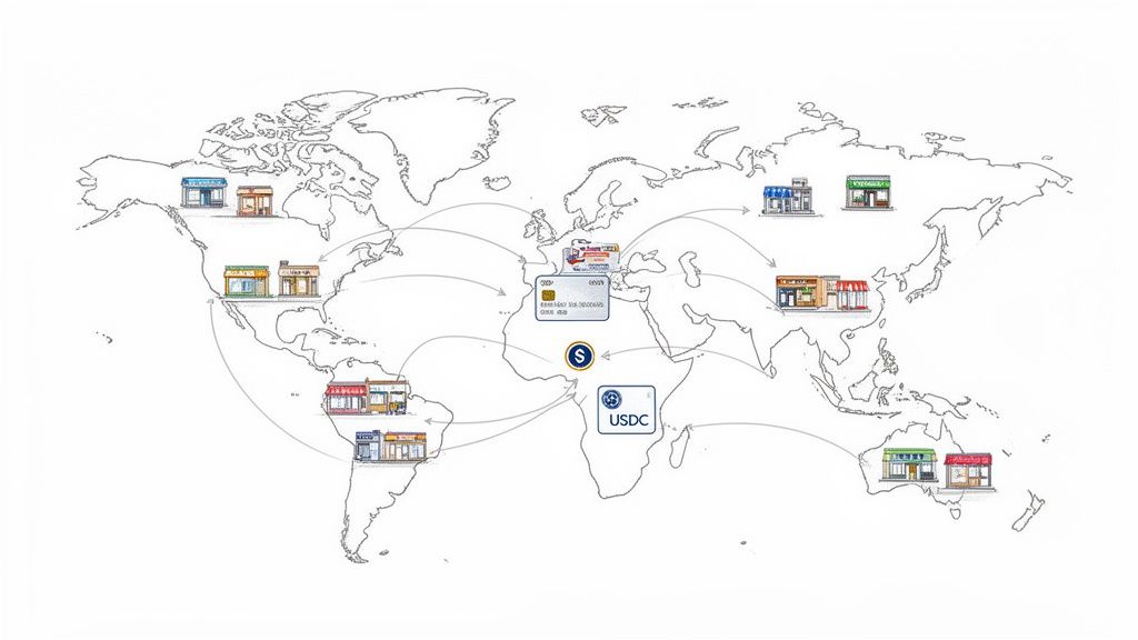 World map showing international payment flows between global shops, a credit card, and crypto (S, USDC) symbols.