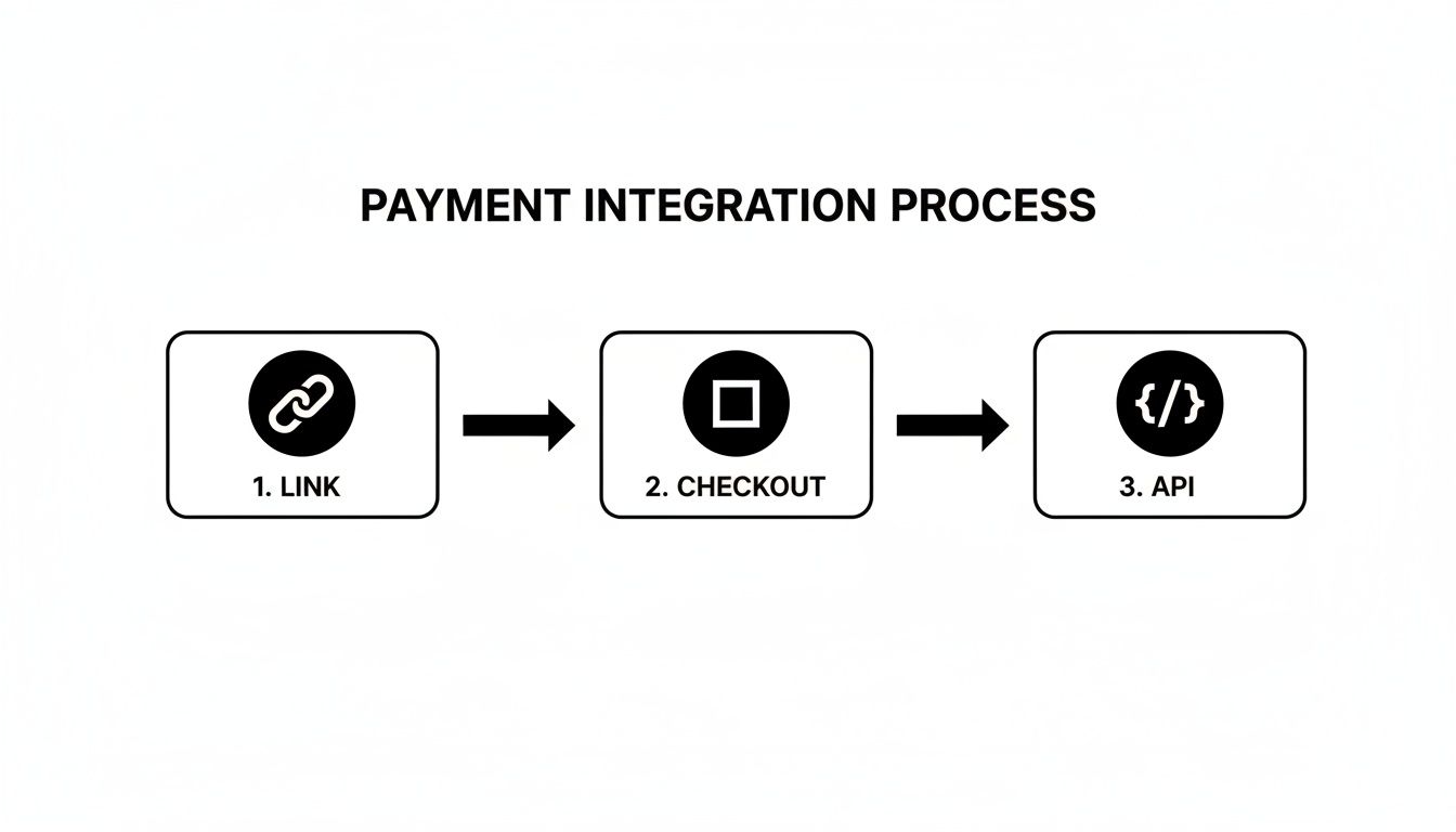 Flowchart illustrating the three steps of a payment integration process: Link, Checkout, and API.