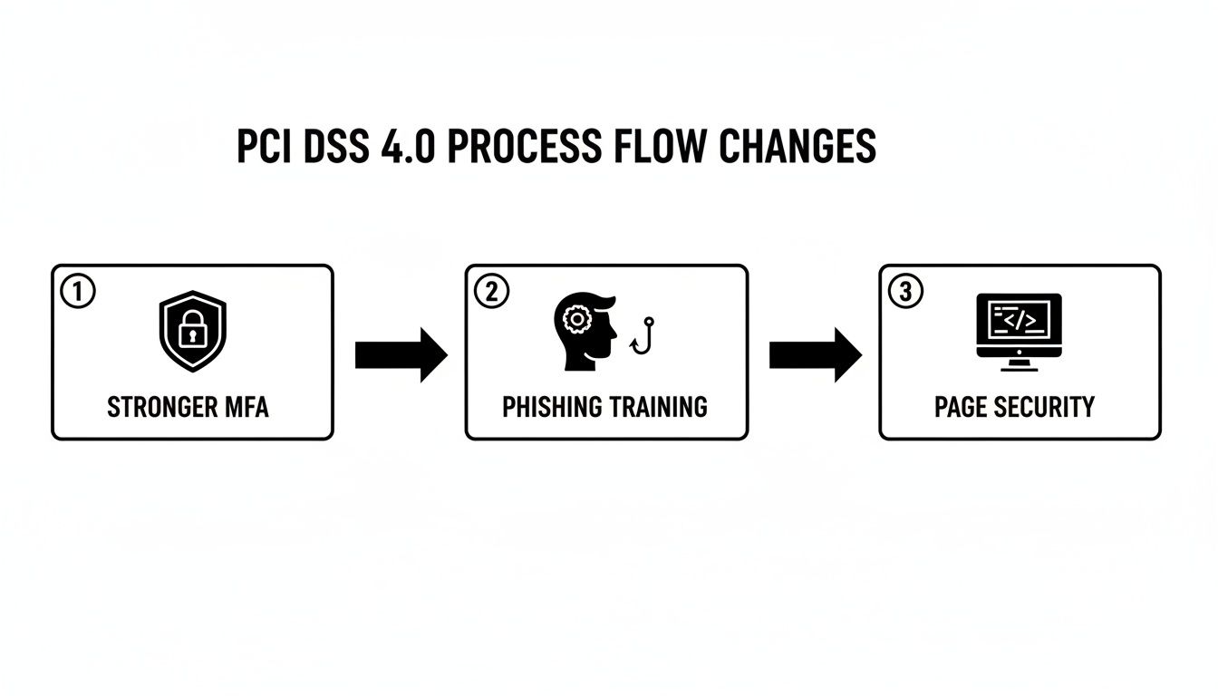 Flowchart outlining PCI DSS 4.0 process changes: stronger MFA, phishing training, and page security.