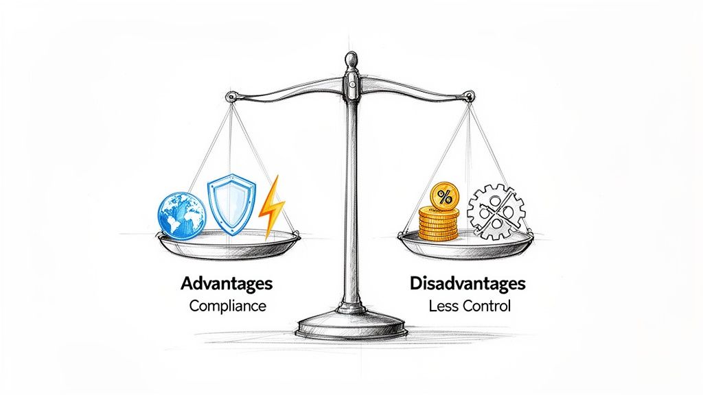 A balance scale illustrating the advantages of compliance versus the disadvantages of less control.