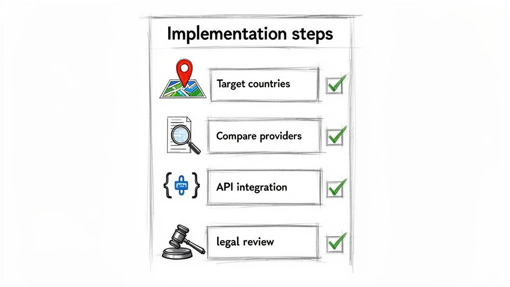 A checklist of implementation steps including target countries, provider comparison, API integration, and legal review, all marked as complete.