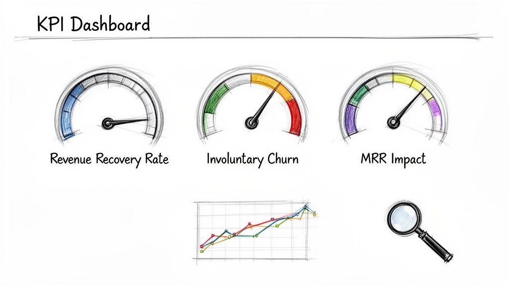 A hand-drawn KPI dashboard sketch featuring gauges for Revenue Recovery Rate, Involuntary Churn, MRR Impact, and a trend line graph.