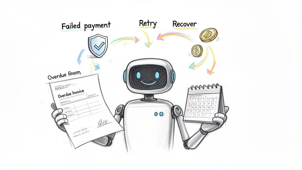 A robot manages a failed payment recovery process, holding an overdue invoice and a calendar.