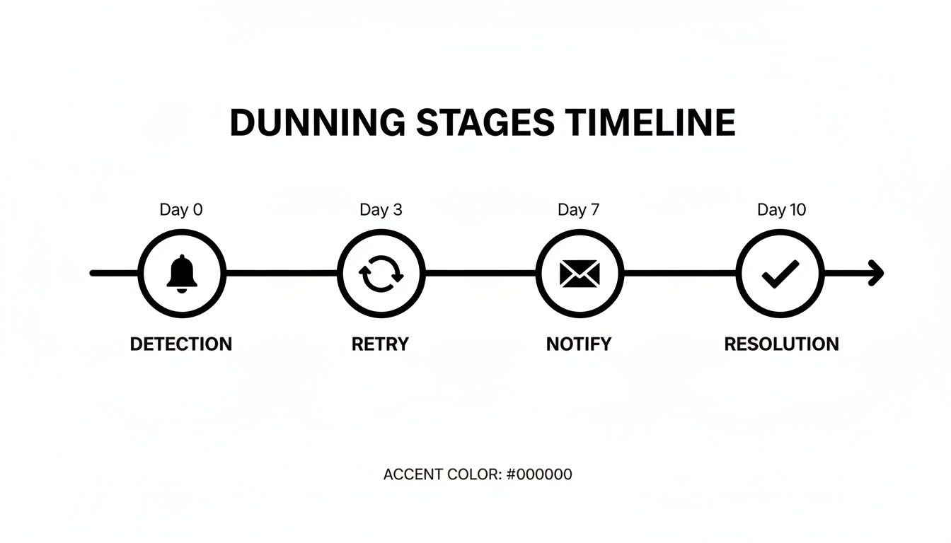 A dunning stages timeline illustrating detection, retry, notify, and resolution across ten days.