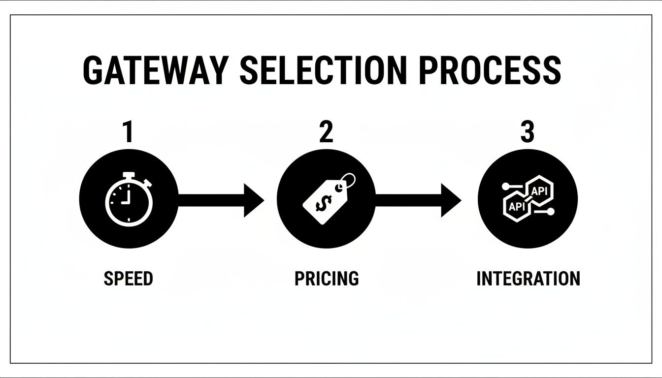 A visual guide illustrating the three steps of the gateway selection process: speed, pricing, and integration.