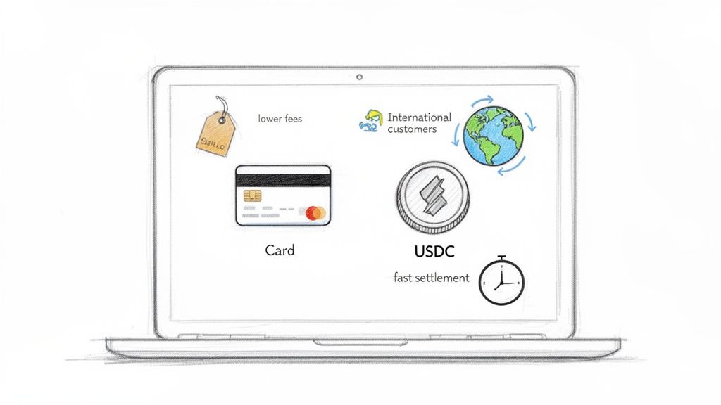 A laptop screen displays payment options, highlighting USDC benefits like lower fees and fast settlement.
