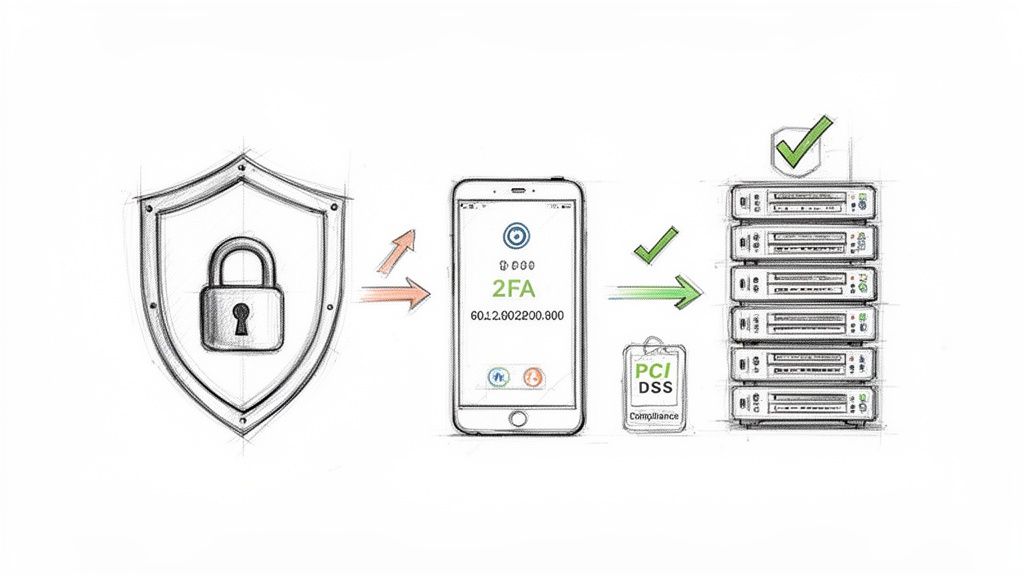 Diagram illustrating secure two-factor authentication from a protected device to compliant servers.