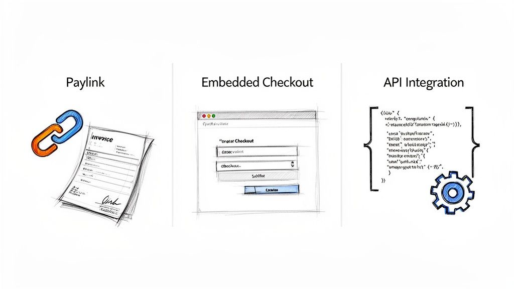 Three payment processing methods: Paylink, Embedded Checkout, and API Integration illustrated.