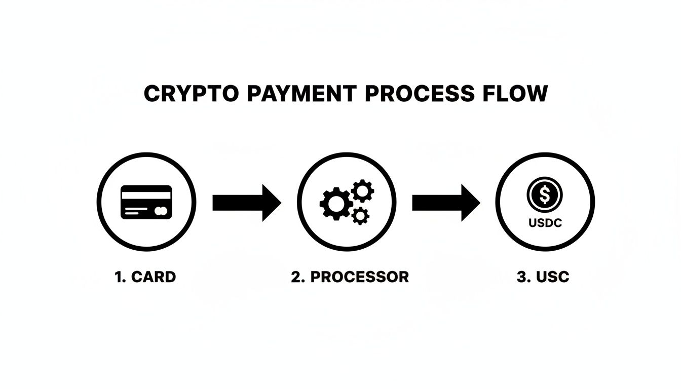 A visual flow diagram illustrating the crypto payment process from card to processor to USDC.