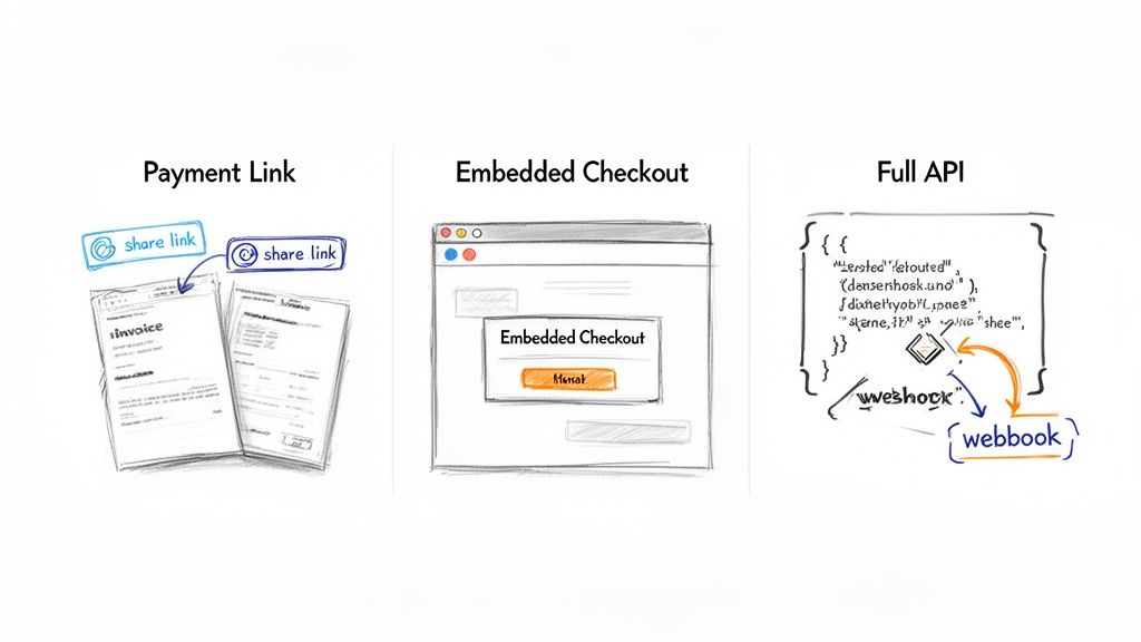 Three methods for payment processing: sharing payment links, embedded checkout, and full API integration with webhooks.