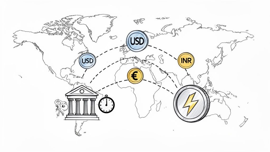 A world map illustrating global currency exchange with USD, EUR, INR, a bank, and a lightning bolt coin.