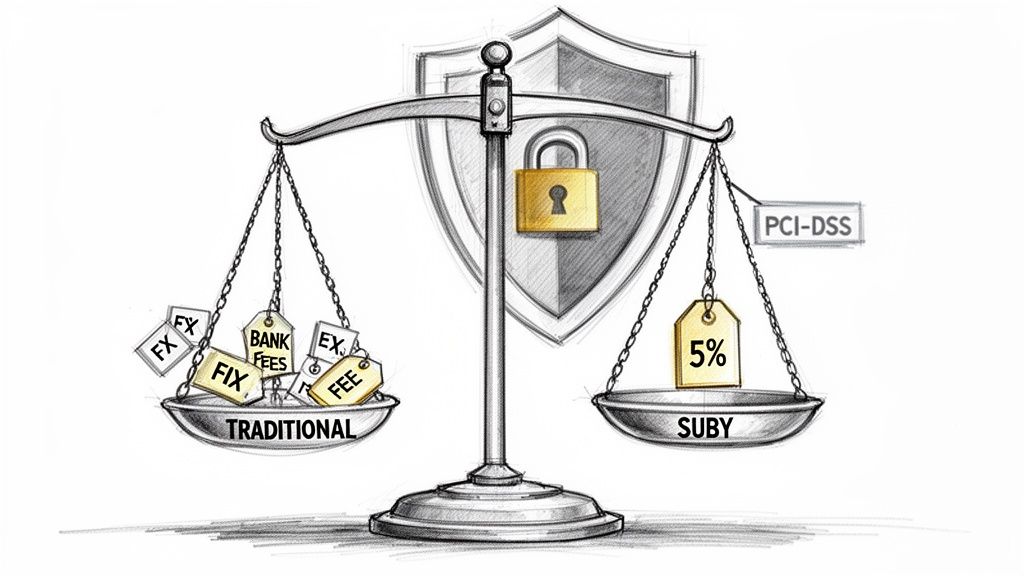 Balance scale comparing numerous traditional payment fees against a simpler 5% fee by Suby, with security.