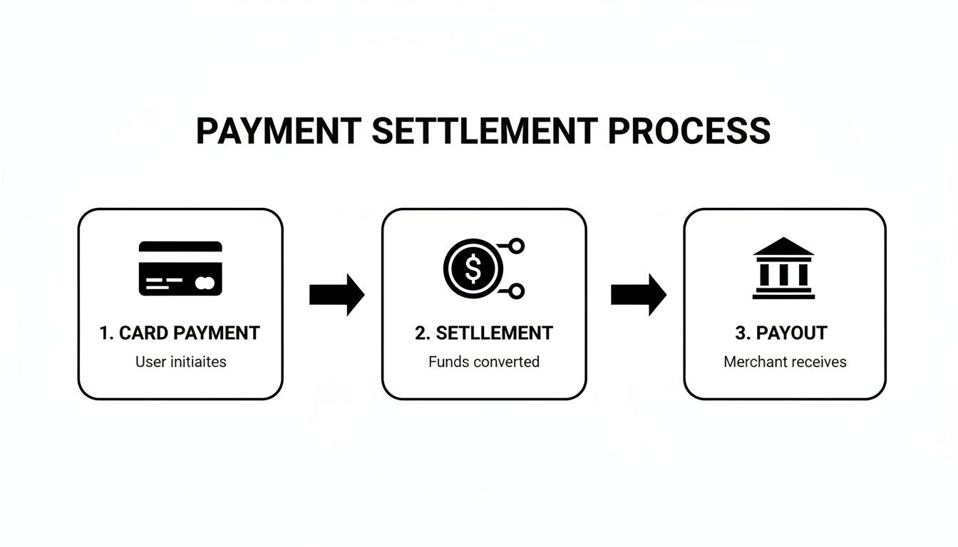 Diagram illustrating the three-step payment settlement process, from card payment to merchant payout.