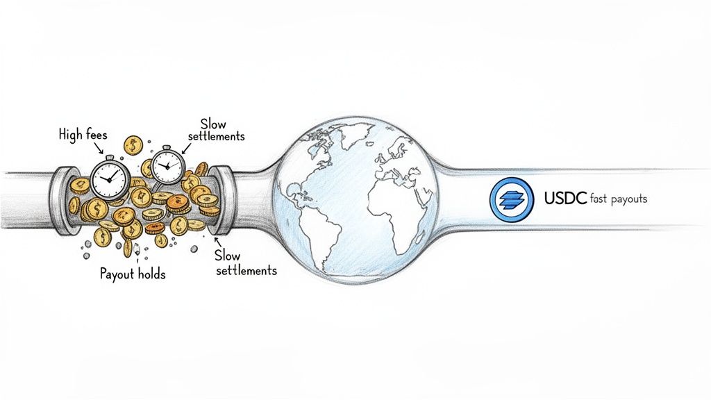 Illustration comparing slow, high-fee traditional global money transfers with fast, efficient USDC payouts.