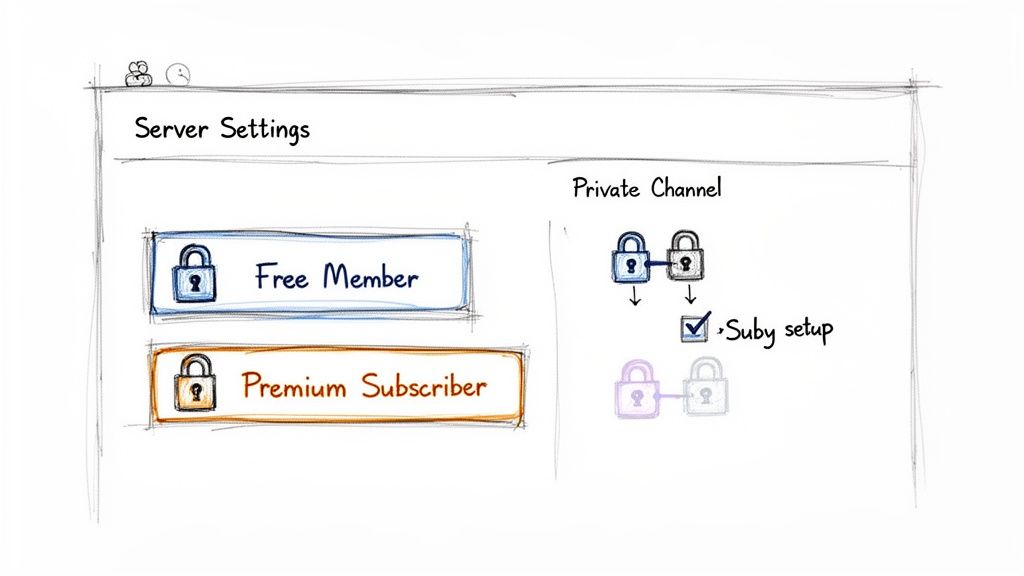 Hand-drawn sketch of server settings, displaying options for free members, premium subscribers, and private channel setup.