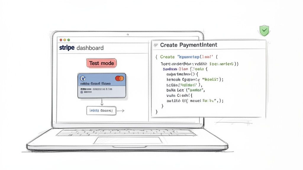 A laptop displays the Stripe dashboard in test mode, showing payment card details and code for PaymentIntent.