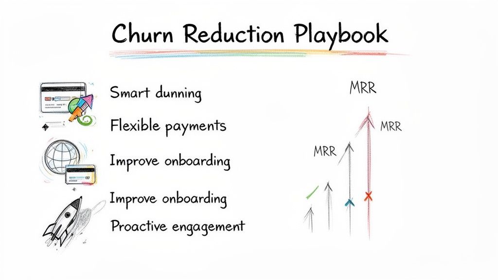 An illustration of a Churn Reduction Playbook outlining strategies like smart dunning, flexible payments, and improved onboarding to boost MRR.