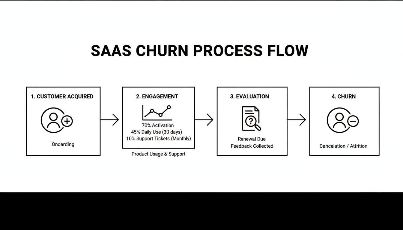 A flowchart visually representing the four-step SaaS churn process, from customer acquisition to final churn.