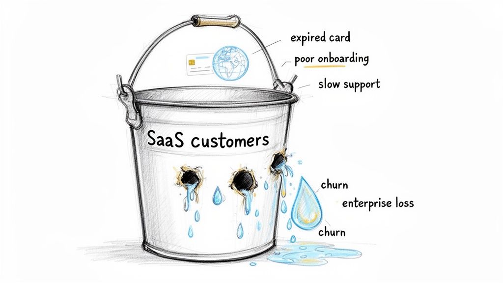 Cartoon showing a leaky bucket representing SaaS customer churn due to poor onboarding and slow support.