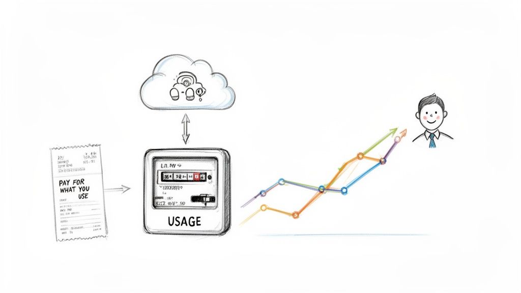 Diagram shows usage-based billing: meter tracks usage, data goes to cloud, generates bill, and visualizes customer trends.