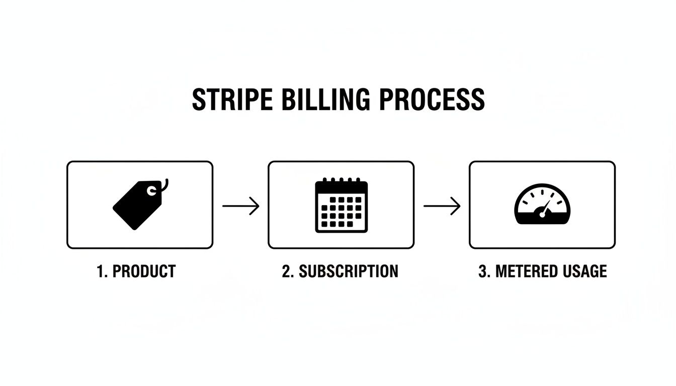 Diagram illustrating Stripe's billing process, detailing product setup, subscription management, and metered usage.