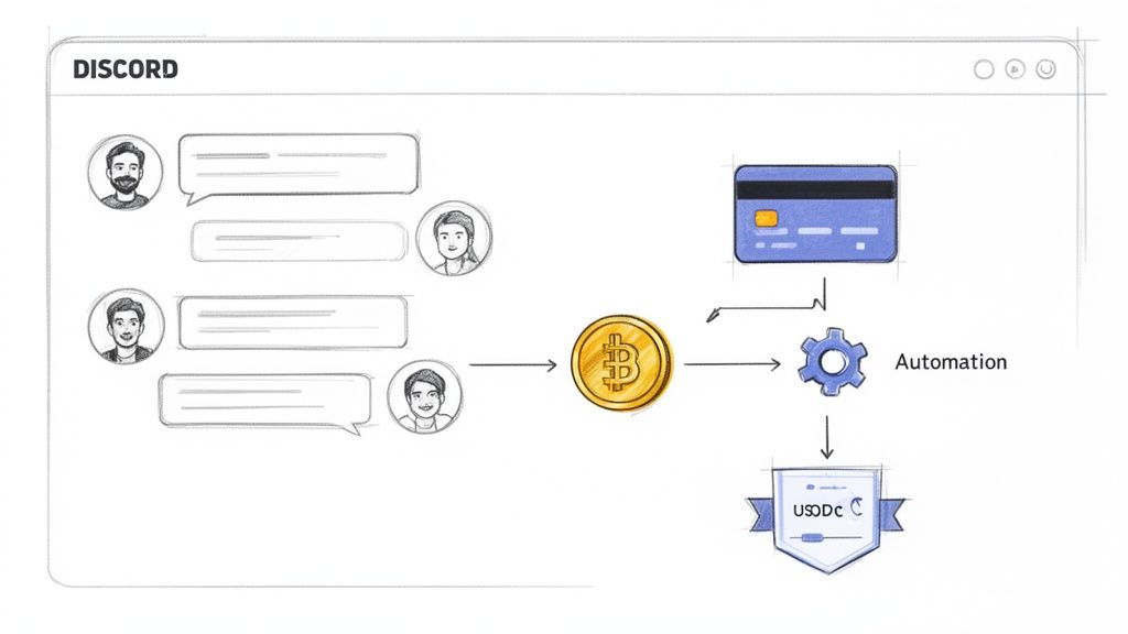 Diagram showing a Discord payment bot converting Bitcoin using automation, potentially via credit card, into USDC.