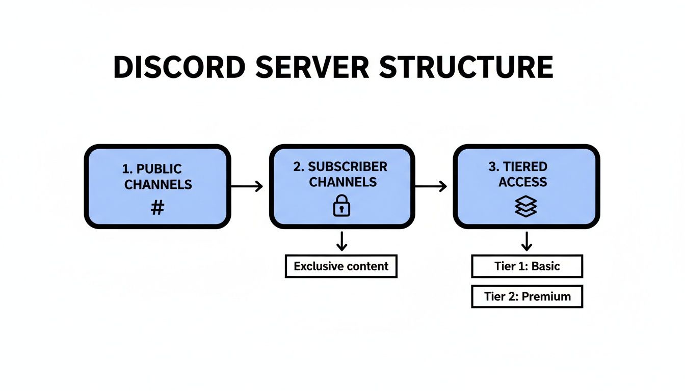 Diagram showing Discord server structure with public, subscriber, and tiered access channels.