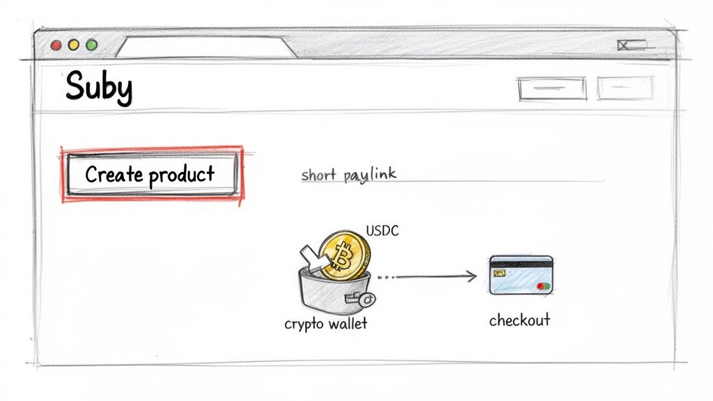 Hand-drawn Suby web app: 'Create product' button, crypto wallet to credit card checkout flow.
