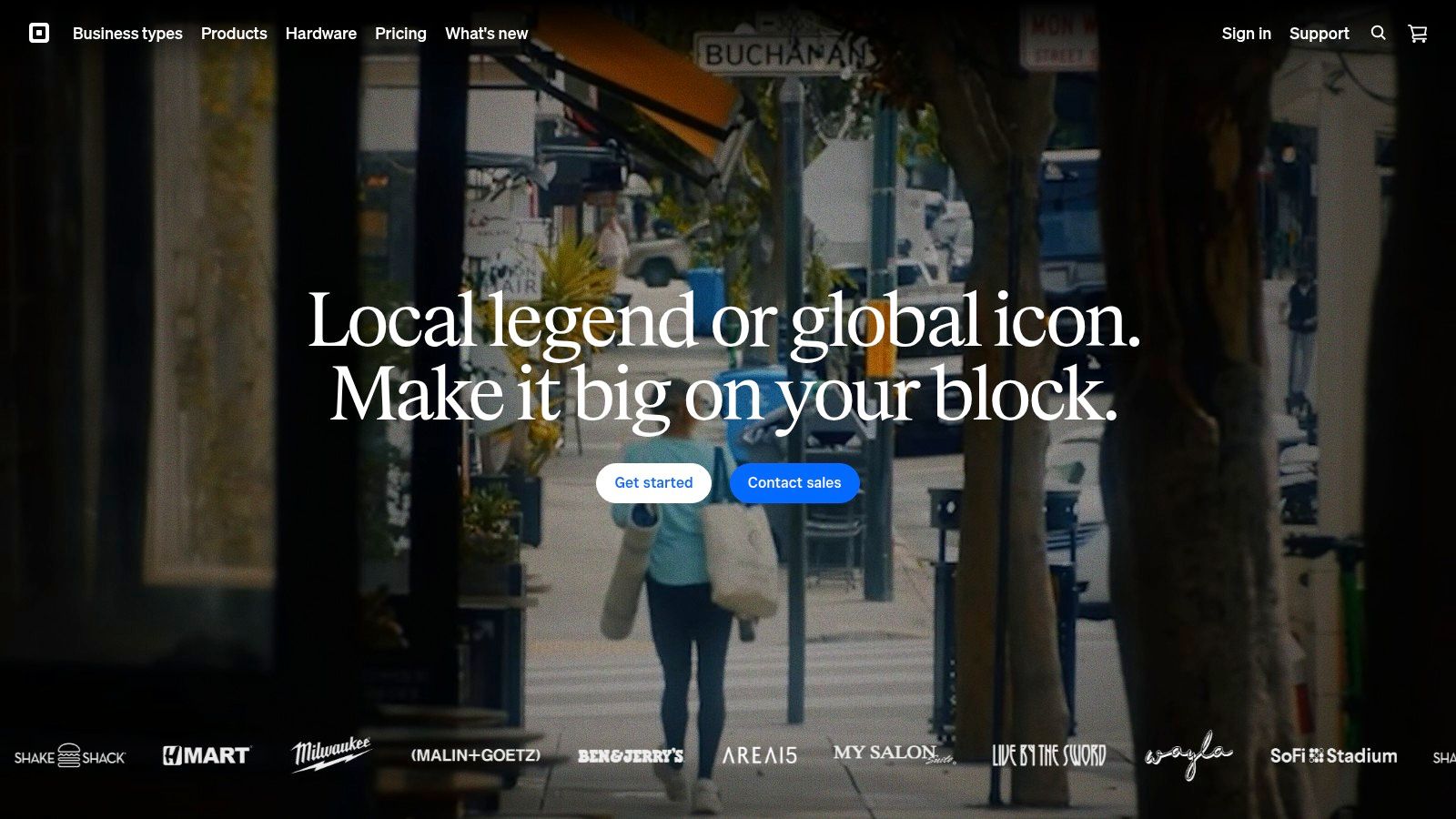 Square's business platform interface showing sales summaries and customer trends