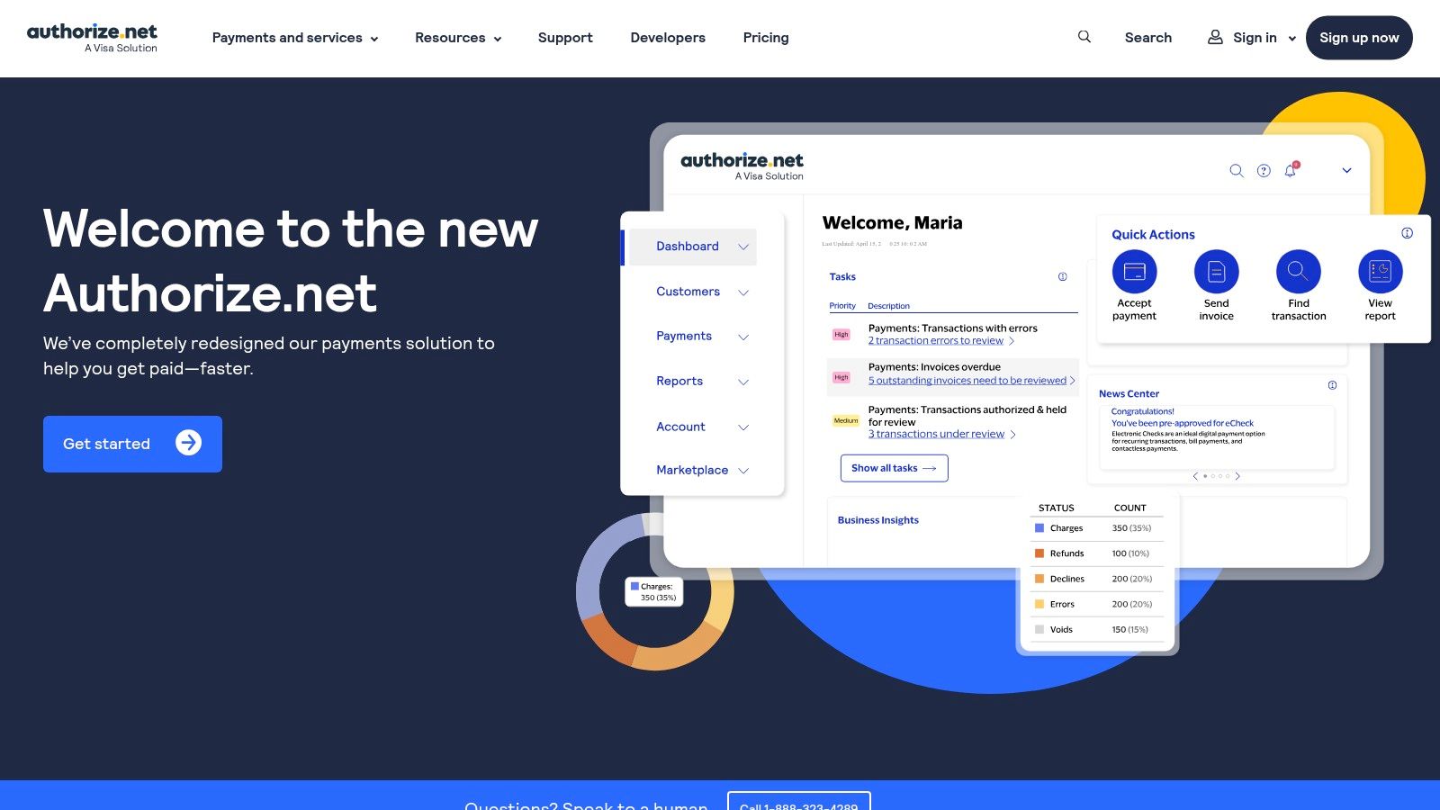 Authorize.Net dashboard showing transaction reporting and search filters