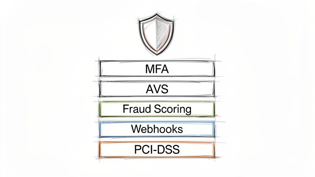 A layered security diagram with a shield icon, showing MFA, AVS, Fraud Scoring, Webhooks, and PCI-DSS.