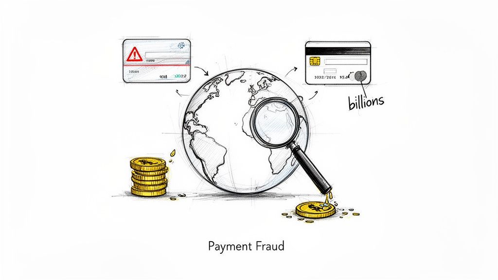 Illustration showing credit cards, a globe, money, and a magnifying glass, depicting global payment fraud investigation.