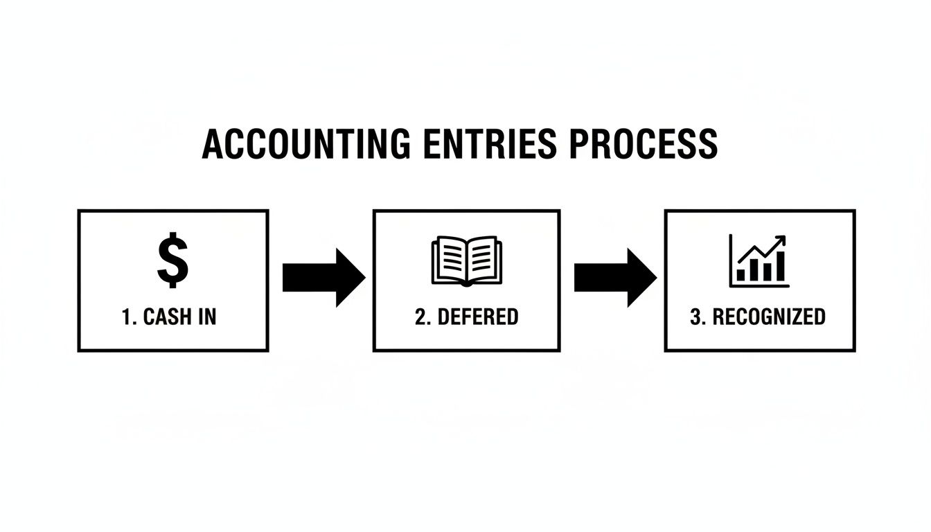 A flowchart illustrates the accounting entries process: 1. Cash In, 2. Deferred, 3. Recognized.