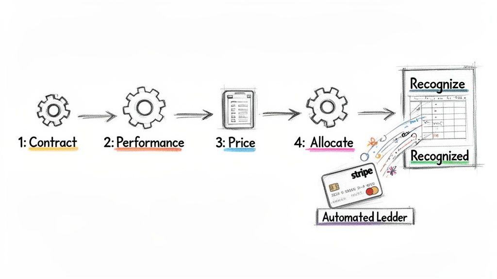 A diagram illustrating the five steps of revenue recognition with Stripe and an automated ledger.