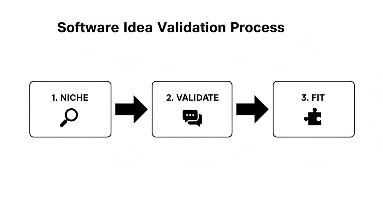 A three-step software idea validation process flowchart: Niche, Validate, and Fit, with icons.