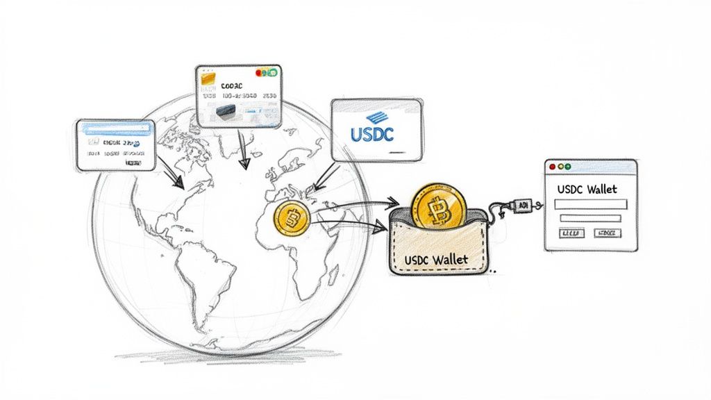 Global financial system diagram depicting value flow from credit cards to USDC and a crypto wallet.