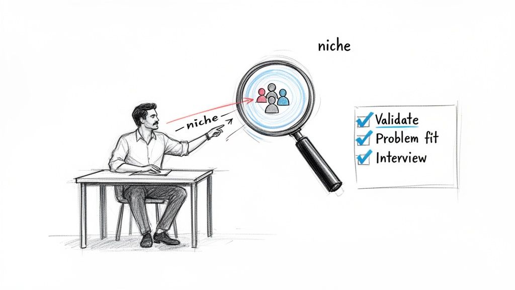 A person points to a magnifying glass focused on a customer niche, with a checklist for validation and interviews.
