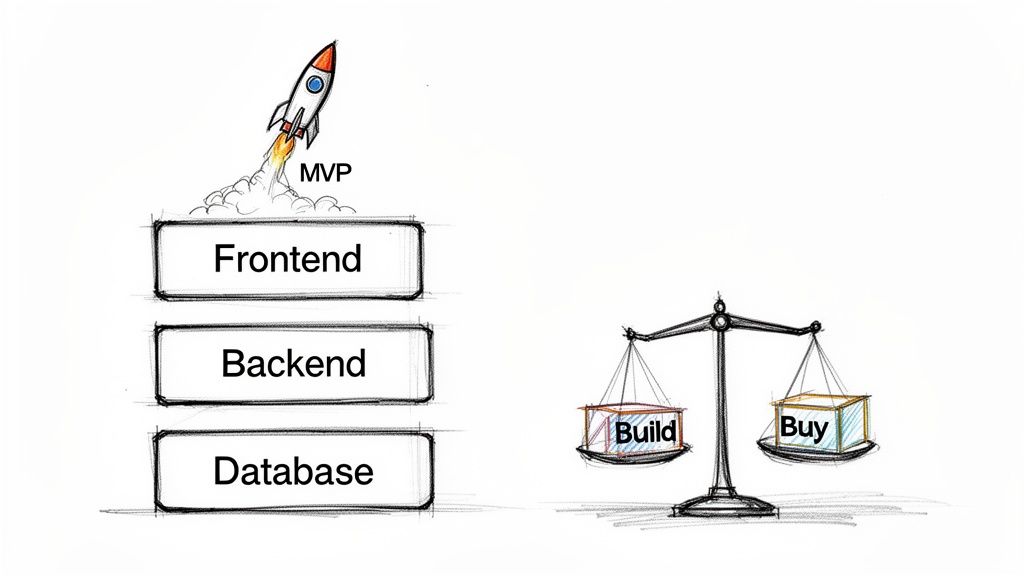 Illustrative image showing software layers (frontend, backend, database) with an MVP rocket, and a balance scale for 'build' versus 'buy' decisions.