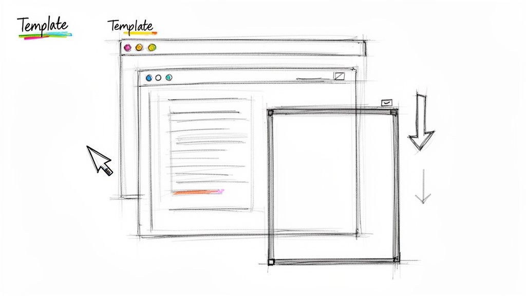 Wireframe sketch showing digital document templates, a web browser, a mouse cursor, and a download arrow.