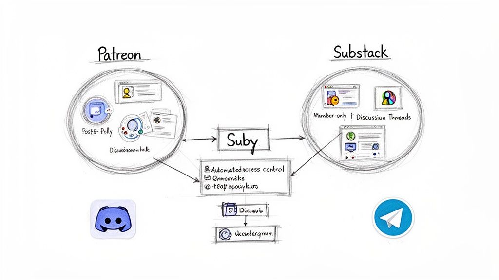 Diagram showing Patreon and Substack integration with Suby for automated access control to Discord and Telegram.